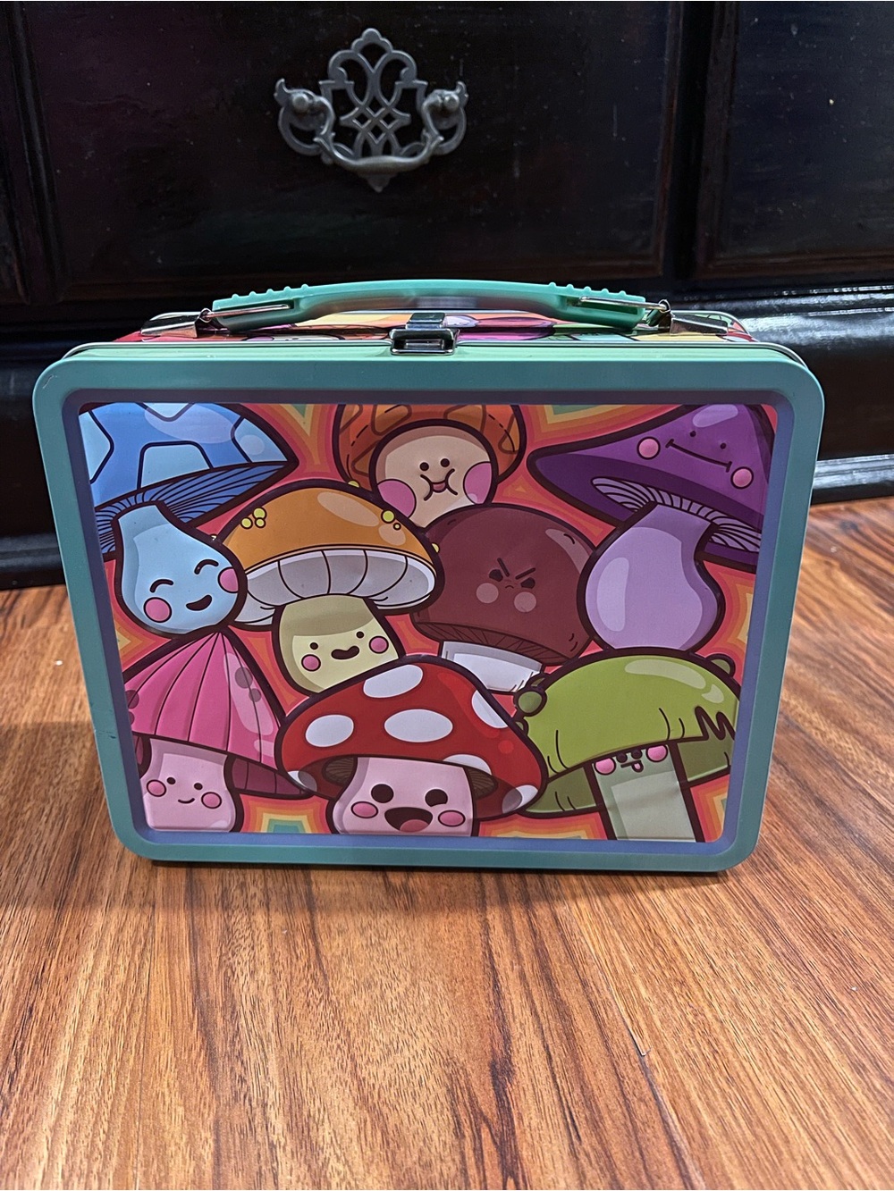 Aquarius Retro ‘Embossed Mushroom Character Tin Lunchbox - Teal SKU 48322